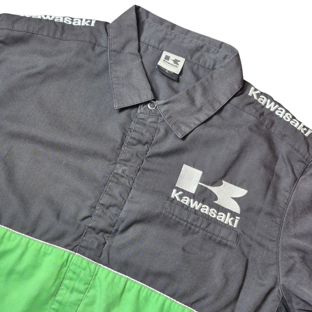 Kawasaki Men's Large Snap Button Racing Shirt ROK Motorcycle‎ Pit Crew